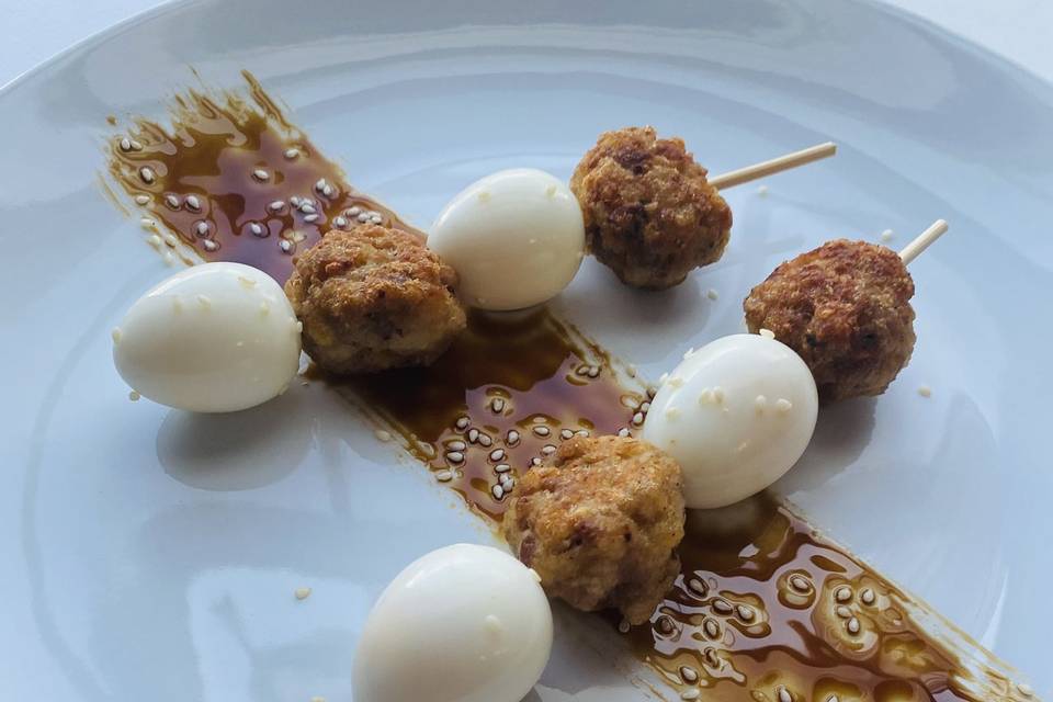 Chicken balls with quail eggs