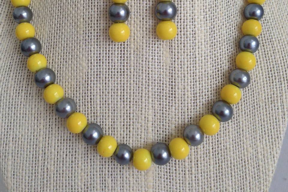 Yellow and Gray Pearl Necklace & Earring Set