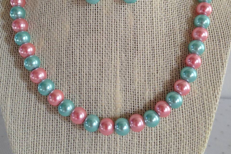 Tiffany Blue and Pink Pearl Necklace & Earring Set