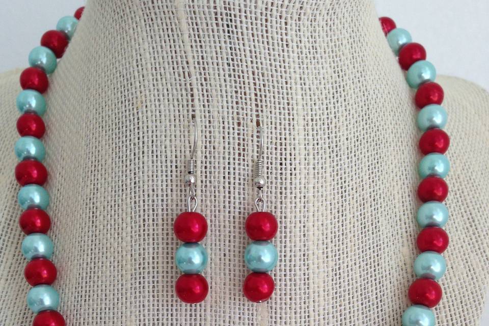 Tiffany Blue and Red Pearl Necklace Set