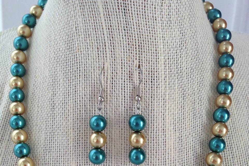 Teal and Gold Pearl Necklace Set