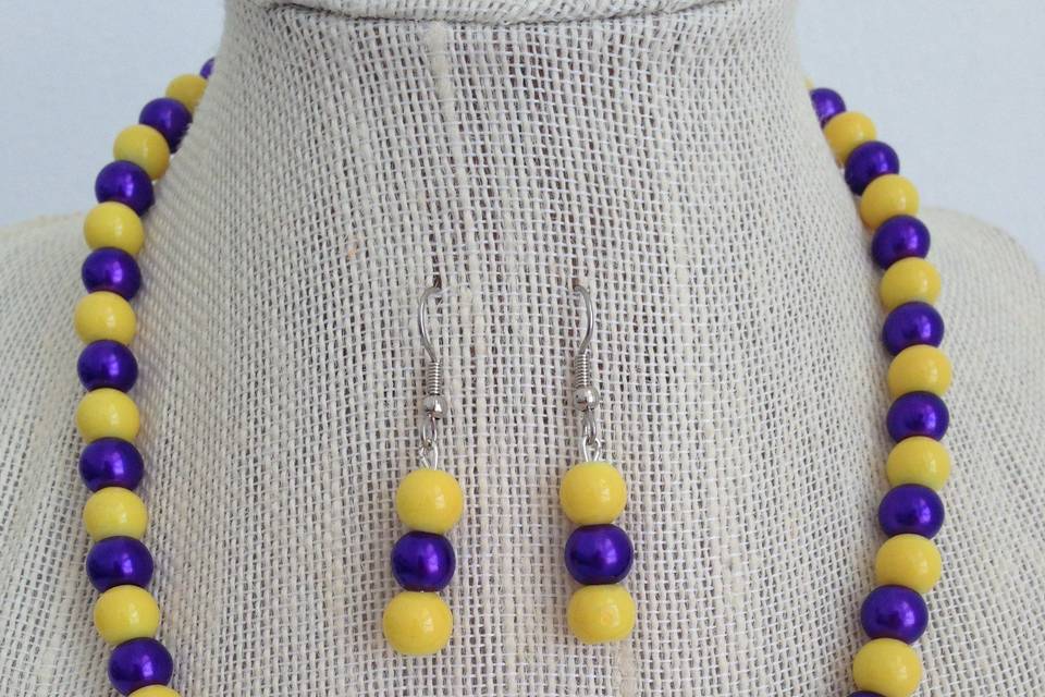 Purple and Yellow Pearl Necklace Set