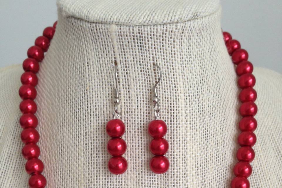 Red Pearl Necklace & Earring Set