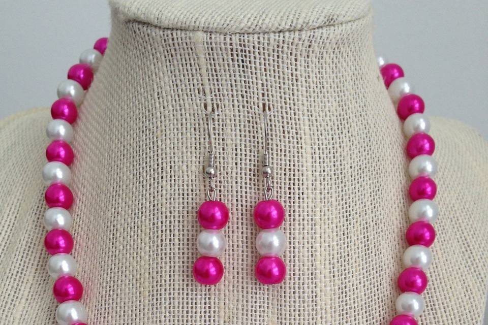 Hot Pink and White Pearl Necklace Set