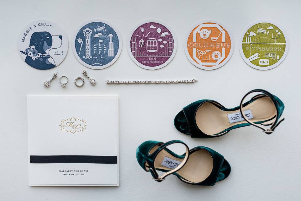Wedding invite, rings, and shoes