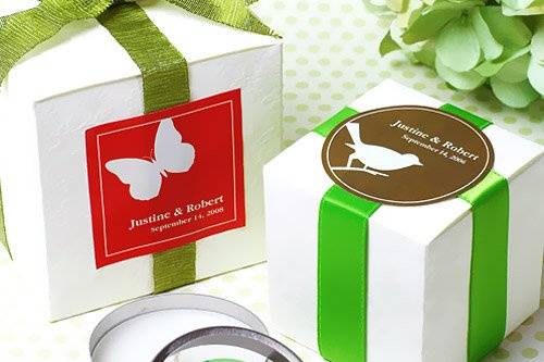 These classy personalized labels and wedding stickers can be personalized with names and dates.