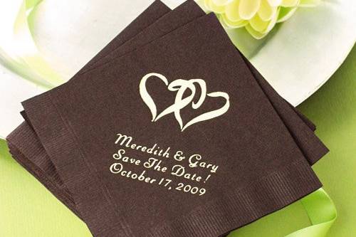 Personalized napkins in dozens of colors and themed designs for your wedding reception or bridal shower.