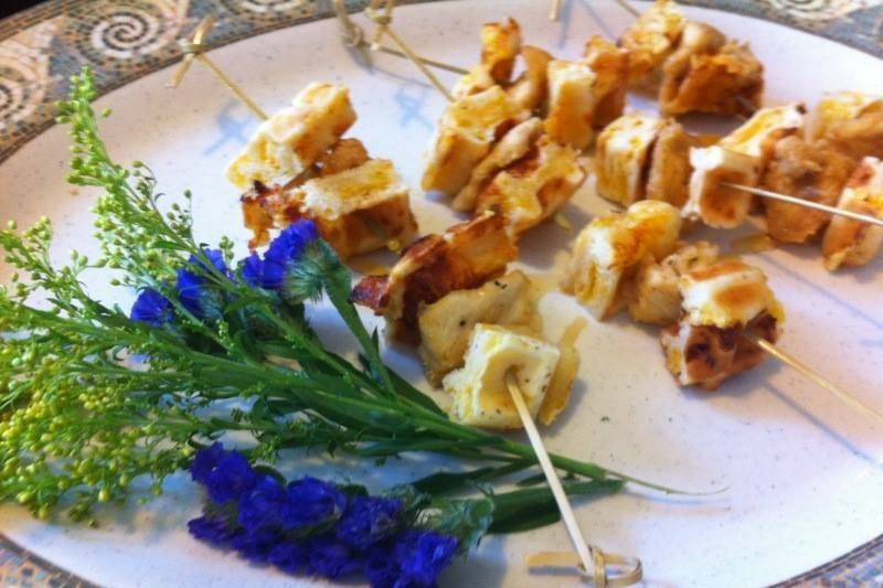 Chicken & Cheddar Waffle Skewers with Maple Syrup