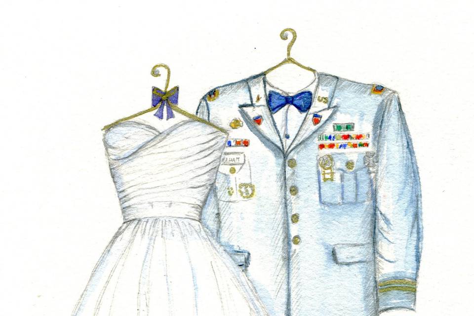 Military wedding dress and uniform sketch.  Perfect for the wedding day gift, one year anniversary gift or a wedding day gift exchange.  Receive a free sketched bouquet. www.MyDreamlines.com