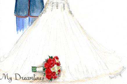 Military wedding dress and uniform sketch.  Perfect for the wedding day gift, one year anniversary gift or a wedding day gift exchange.  Receive a free sketched bouquet. www.MyDreamlines.com