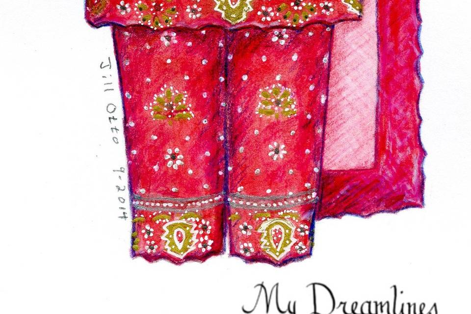 A kimono and sari / saree wedding dress sketch is ideal to show off the detail of a traditional Indian wedding dress. www.MyDreamlines.com