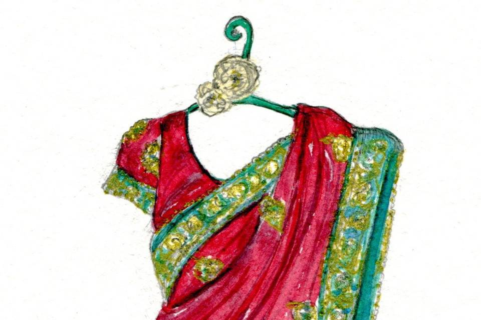 A kimono and sari / saree wedding dress sketch is ideal to show off the detail of a traditional Indian wedding dress. www.MyDreamlines.com