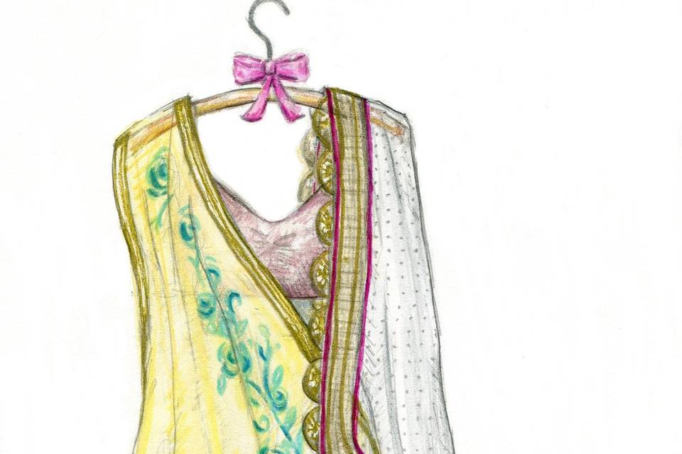 A kimono and sari / saree wedding dress sketch is ideal to show off the detail of a traditional Indian wedding dress. www.MyDreamlines.com