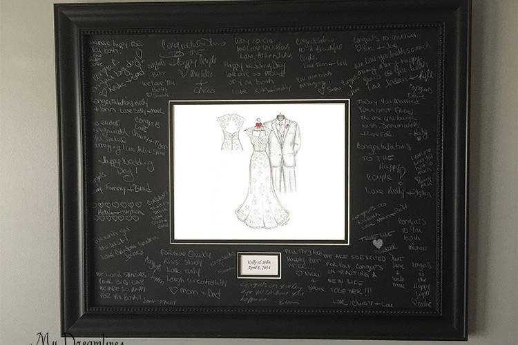 Wedding guest book idea. A Dreamlines wedding dress sketch and suit sketch framed for your guests to sign.  A perfect gift exchange on the day of the wedding or a wedding day gift to the bride from the groom. www.MyDreamlines.com