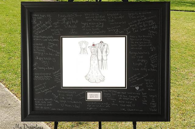 Wedding guest book idea. A Dreamlines wedding dress and suit sketch framed for your guests to sign.  A perfect gift exchange on the day of the wedding or a wedding day gift to the bride from the groom. www.MyDreamlines.com