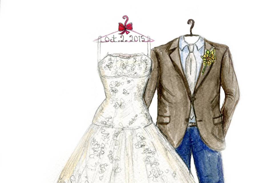 Personal sketch of her wedding dress, suit, bouquet and shoes. What is the best wedding gift for my bride? A Dreamlines wedding dress sketch. Personal, intimate and romantic. Dreamlines wedding day gift.