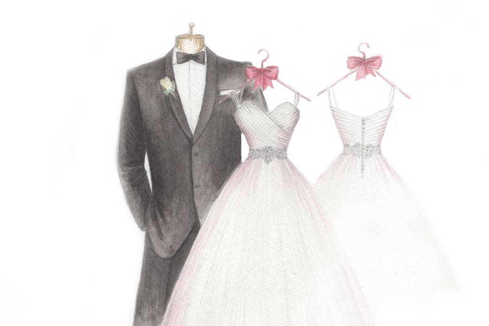 Personal sketch of her wedding dress, suit, bouquet and shoes. What is the best wedding gift for my bride? A Dreamlines wedding dress sketch. Personal, intimate and romantic. Dreamlines wedding day gift.