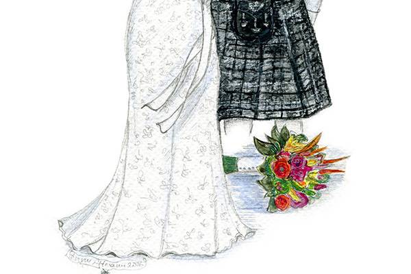 Dreamlines wedding gift to the bride from the groom. A personal sketch of her wedding dress created as a fashion sketch.