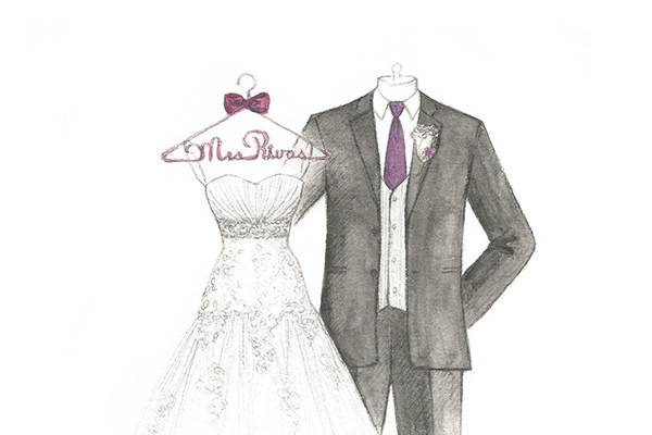 Personal sketch of her wedding dress, suit, bouquet and shoes. What is the best wedding gift for my bride? A Dreamlines wedding dress sketch. Personal, intimate and romantic. Dreamlines wedding day gift.