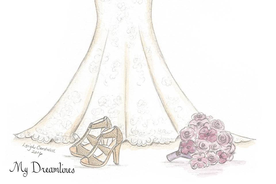 Personal sketch of her wedding dress, suit, bouquet and shoes. What is the best wedding gift for my bride? A Dreamlines wedding dress sketch. Personal, intimate and romantic. Dreamlines wedding day gift.