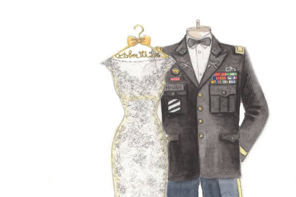 Military wedding dress and uniform sketch.  Perfect for the wedding day gift, one year anniversary gift or a wedding day gift exchange.  Receive a free sketched bouquet. www.MyDreamlines.com