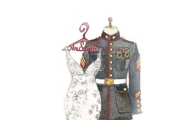 Military wedding dress and uniform sketch.  Perfect for the wedding day gift, one year anniversary gift or a wedding day gift exchange.  Receive a free sketched bouquet. www.MyDreamlines.com