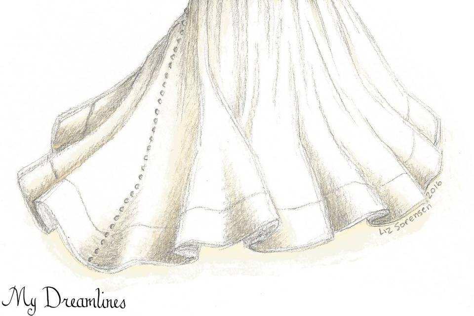 Personal sketch of her wedding dress created as a fashion sketch. A perfect Wedding Gift, Wedding gift from the groom, Anniversary Gift and Bridal Shower gift. www.MyDreamlines.com Dreamlines Wedding Gift