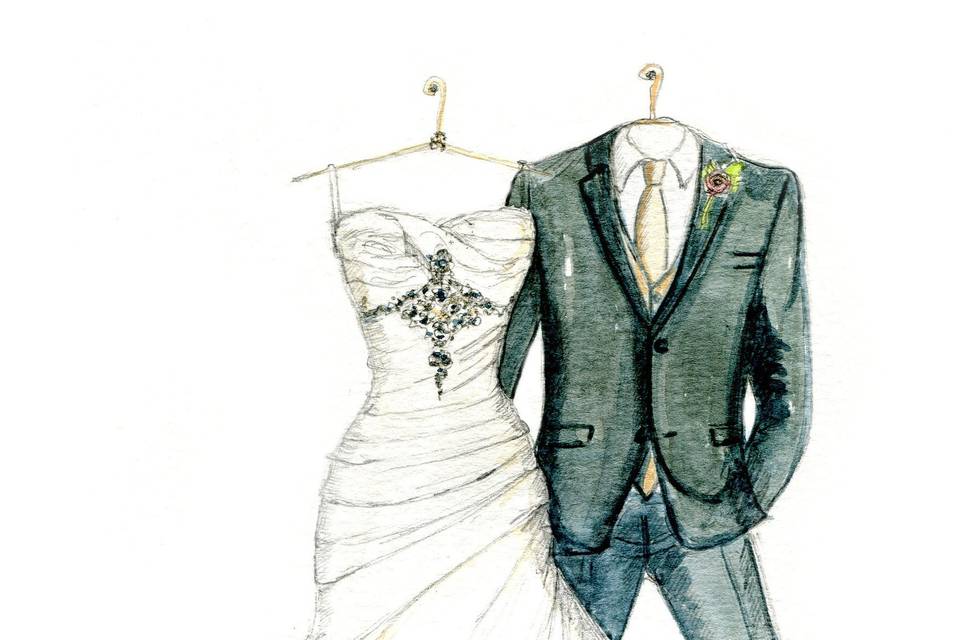 Wedding guest book idea. A Dreamlines wedding dress and suit sketch framed for your guests to sign.  A perfect gift exchange on the day of the wedding or a wedding day gift to the bride from the groom. www.MyDreamlines.com