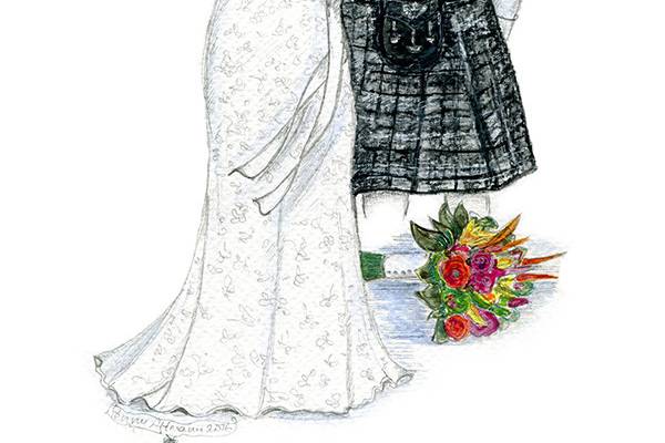 Fifty year anniversary gift is gold. Have her wedding dress sketched and placed in a gold frame. 50 year anniversary gift sketched and framed.  www.MyDreamlines.com