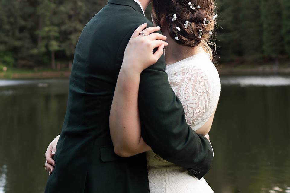 Bride and groom looking out