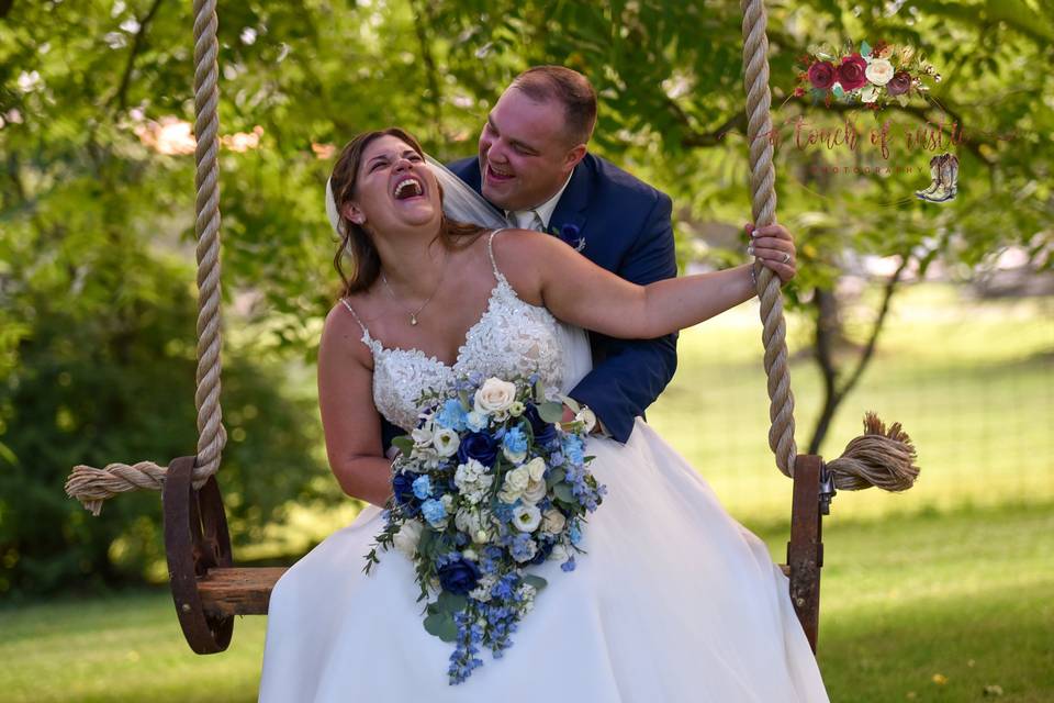 Bride and groom laughing