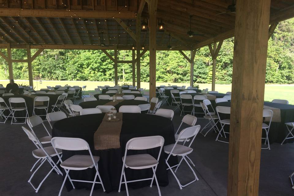Tables and chairs and linens included. 300 white folding chairs, 16 round 72