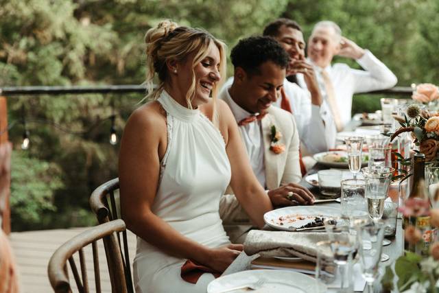 Bride and groom eating