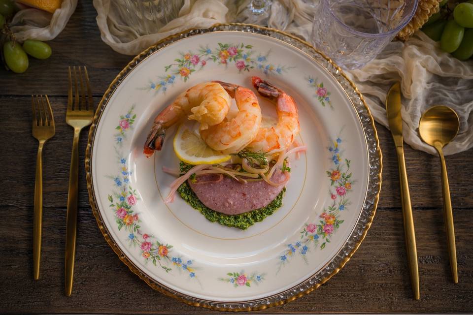 Shrimp with purple polenta