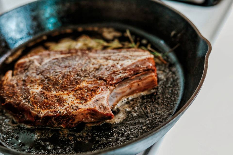 Cast iron seared rib steak