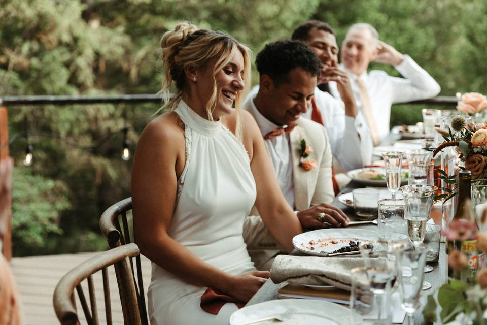 Bride and groom eating
