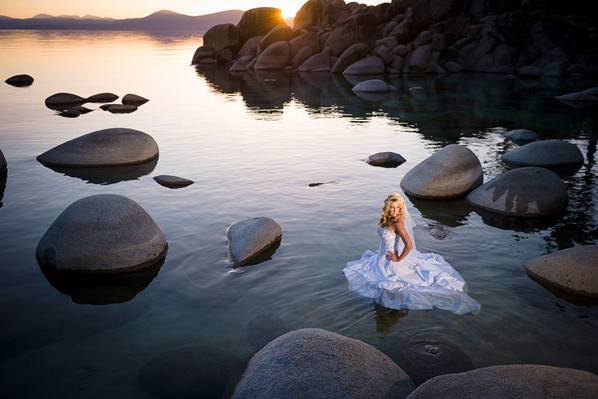 Lake Tahoe bride during a trash the dress session at Sand Harbor