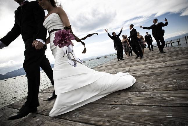 Lake Tahoe wedding party on the pier at Timber Cove