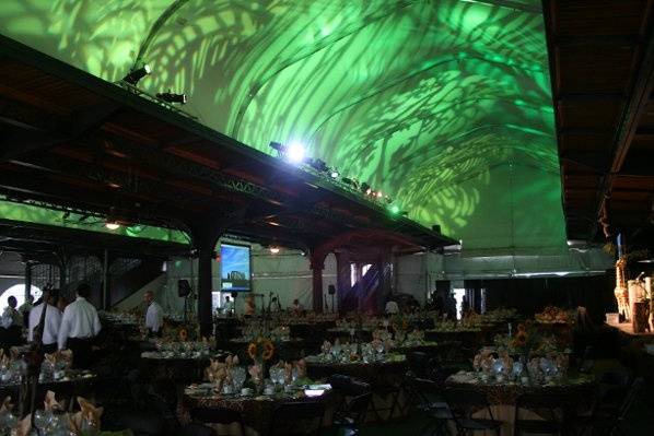 Another ceiling design- Bright green leaves overhead create an immersive experience for a themed wedding.