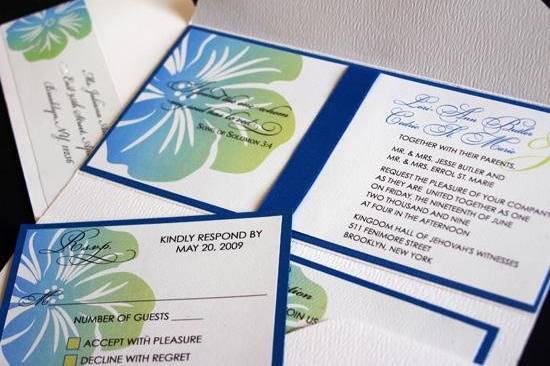 Tropical Blue & Green Pocket Invite wrap with Midori satin ribbon.