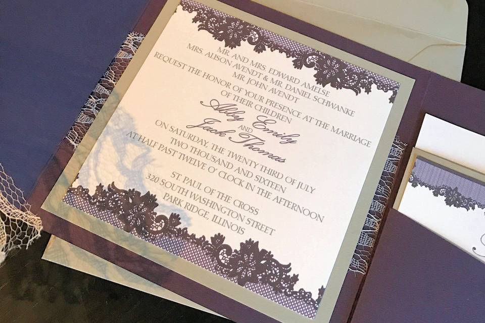 Elegant, purple border patterns on invitation