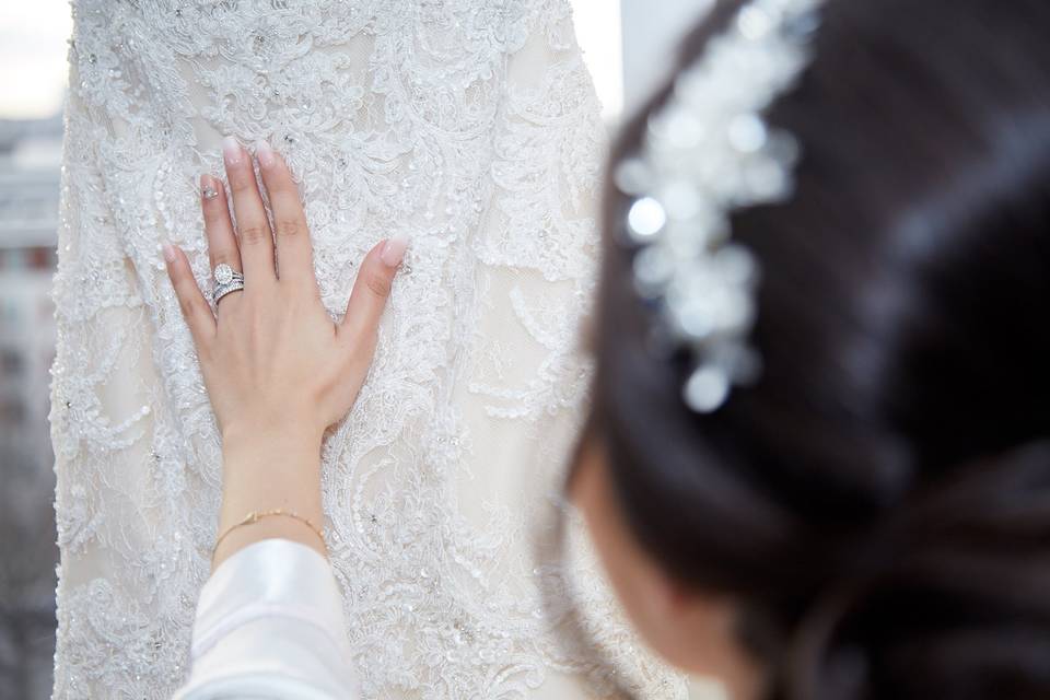 Close-up of the wedding dress