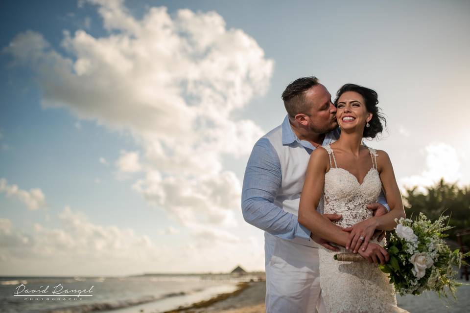 Bride and groom at the sunset