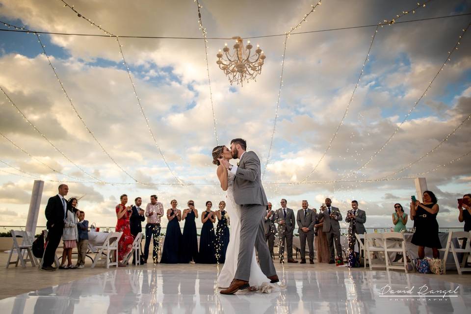 Bride and groom at the sunset