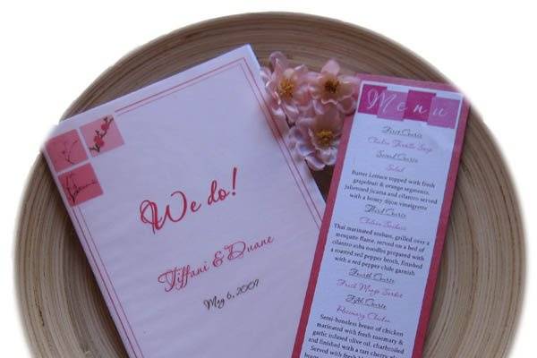 Cherry Blossom Themed Wedding Program and Menu with Pink, Fuschsia, Dusty Rose colors.