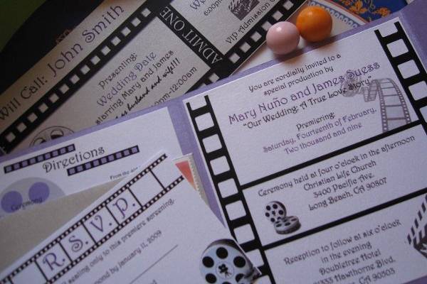 Cinema/Movie Themed Wedding Invitation with matching Ticket Stub Place Cards and purple and silver colors