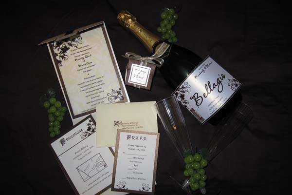 Wine and Vineyard themed wedding invations with matching theme Wine Labels for Table Names, Party Favor Monograms, and more!