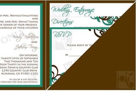 Teal and Brown Color Theme with Damask Swirls and enclosed in a Diagonal Pocket Fold.