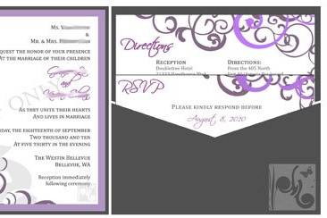 Beautiful Charcoal, Purple and Lavendar Wedding with Damask Swirls in a Signature Side Pocket Envelopment.