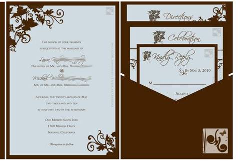 Winery Themed Wedding with grapevines cascading the invitation with Powder Blue and Chocolate colors.